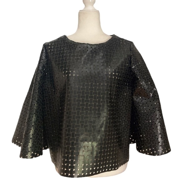 Faux Leather Basketweave Perforated Bell Sleeve Top Edgy Sculptural Minimalist - Picture 2 of 8